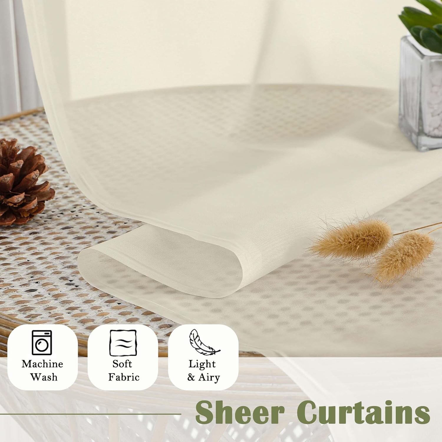 Lecloud Cream Sheer Curtains 84 Inches Long 2 Pcs, Dual Rod Pocket Breathable Rustic Living Room Curtains for Bedroom Dining Room, Home Decor Light Filtering Drapes, Each Panel 59 W x 84 L